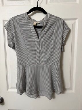 Striped Peplum V-Neck Blouse in Black and White